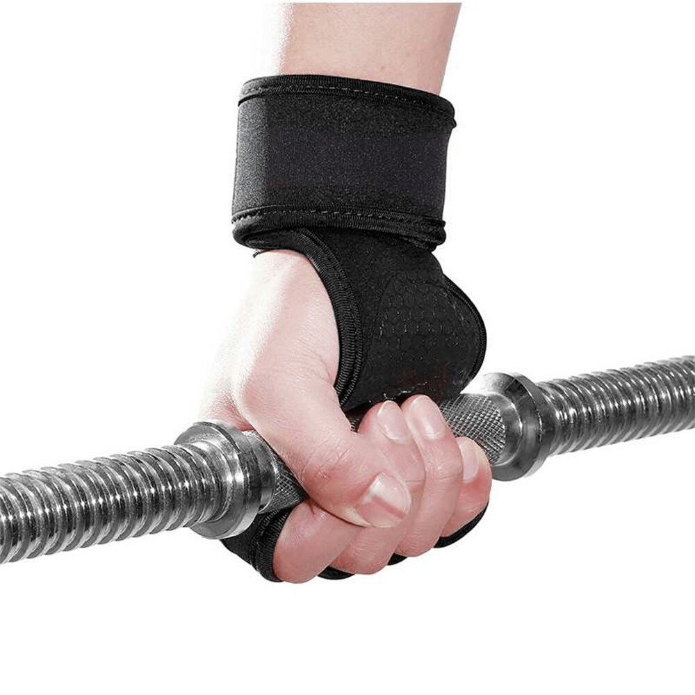 Person wearing non-slip elastic gloves holding a barbell, showcasing palm protection in weightlifting. Ideal for cycling and outdoor sports.